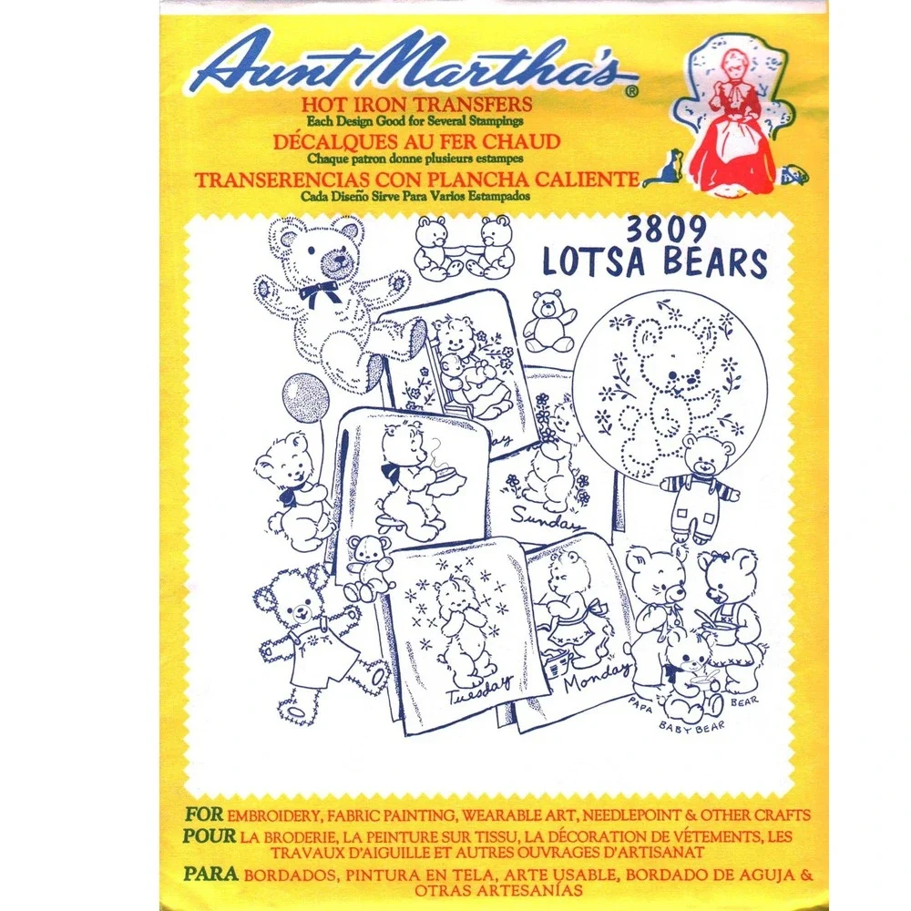 Aunt Martha's Hot Iron Transfers 3809 Lotsa Bears Teddy Bear Embroidery Patterns